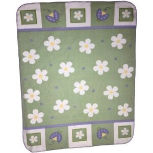 Lamb's & Ivy Green Fleece Flower Ladybug Baby Blanket htf Rare Daisy Thin